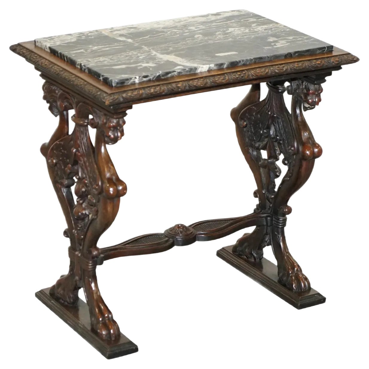 Italian Ornately Hand Carved Oak Side Table with Solid Marble Top