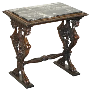 Italian Ornately Hand Carved Oak Side Table with Solid Marble Top, 1840s
