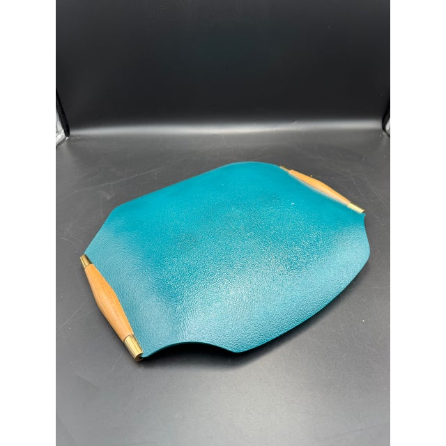 Vintage MCM Georges Briard Teal & Gold Butterfly Curved Glass Tray W/ Wood Handles For Sale - Image 9 of 10