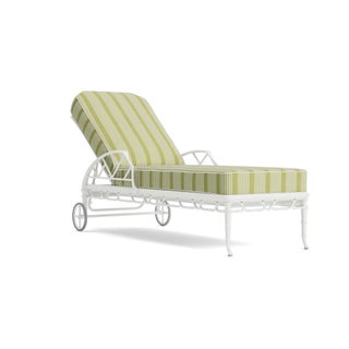 Brown Jordan Calcutta Adjustable Chaise Lounge in Chalk with Pea Green Stripe and Sea Salt Welt Cushions For Sale