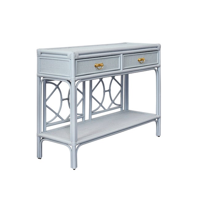 Contemporary Matthew Izzo Home Gideon Light Blue Painted Rattan Two Drawer Console With Decorative Back and Polished Brass Hardware For Sale - Image 3 of 10