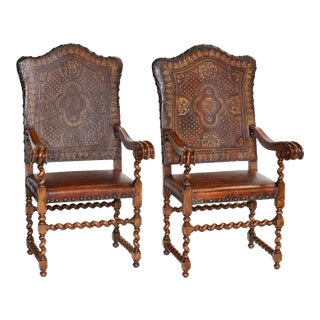 Italian or Spanish Large Walnut Armchairs Circa 19th Century, a Pair For Sale