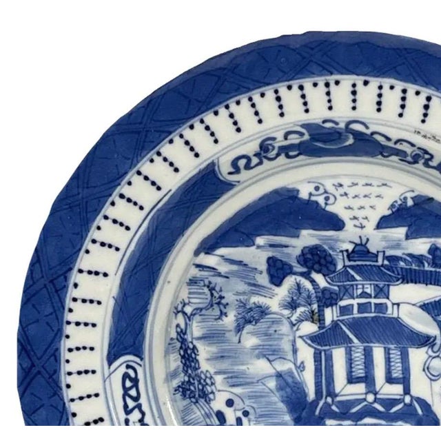 Mid 19th Century Antique 19th Century Chinese Canton Blue & White Export Porcelain 8.5" Scenic Bowl & Stand For Sale - Image 5 of 12