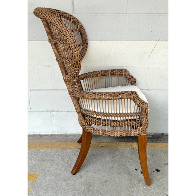 Original retail $2720, stylish Made Goods Organic Modern Faux Rattan Aurora Dining Chair, wood legs, white fabric cushion,...
