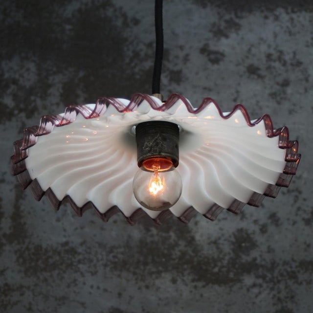 French opaline glass with purple coloured edge pendant light. 2 meter black cotton flex E27 / E26 Up to 250V (Europe/UK...
