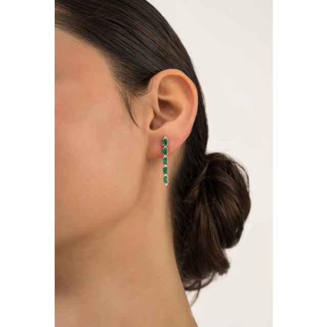 Mid-Century Modern 1.87ct Octagon Emerald & Diamond Linear Dangle Earrings in 14k Yellow Gold- A Pair For Sale - Image 3 of 13