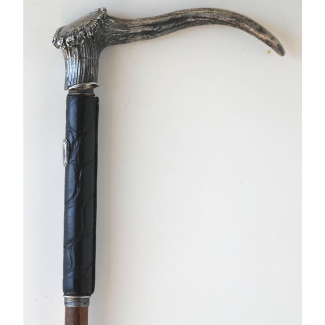 Late 20th Century Late 20th Century Belfiore 925 Sterling Silver Deer Antler Handle Cane/Walking Stick For Sale - Image 5 of 17