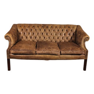 Chesterfield 3-Seater Sofa in Light Olive Leather, 1930s For Sale