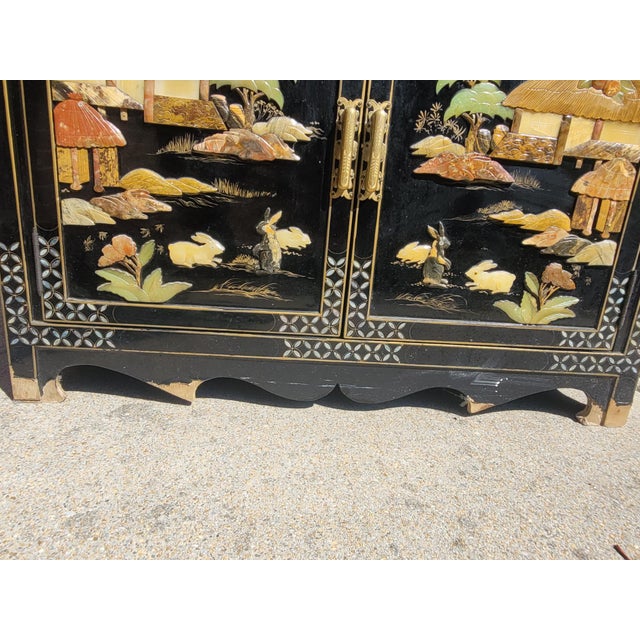 Wood Vintage Asian Black Lacquer Mother-of-Pearl Inlaid Two-Piece China/Display Cabinet For Sale - Image 7 of 7