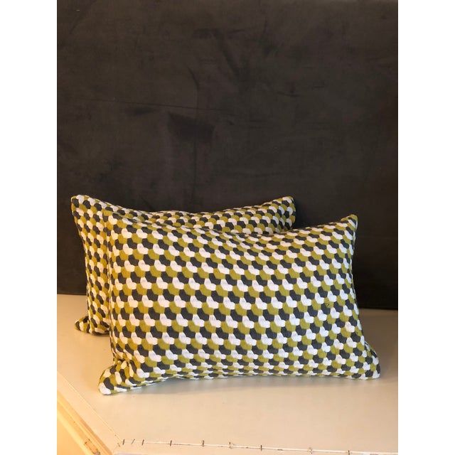 Textile Green Woven Bolster Pillows - A Pair For Sale - Image 7 of 9