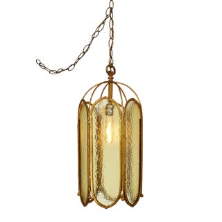 Caged Textured Glass Panel Pendant Fixture For Sale
