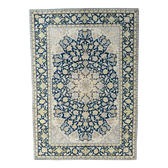 Kashan Oriental Rug in Blue & Cream For Sale