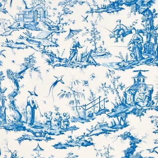 Schumacher Shengyou Toile Fabric in Blue For Sale
