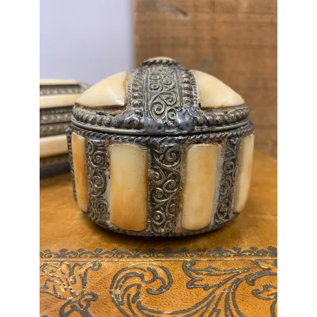 Mid 20th Century Round Moroccan Silver Filigree and Bone Box