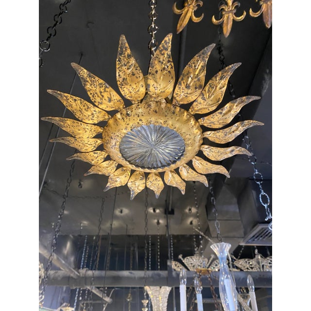 French 1930’s French Gilt Metal Sunburst Flush Mount For Sale - Image 3 of 6