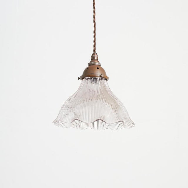 Glass Antique Reclaimed Holophane Glass Pendant Light, 1950s For Sale - Image 7 of 7