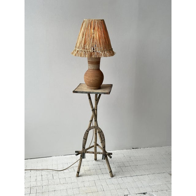 Antique Folk Art Cream + Green Painted Adirondack Tripod Side Table, Circa 1920s-30s. Tall, slender handmade side table...