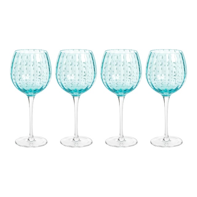 Pescara White Dot Wine Glasses - Aqua Blue, Set of 4 For Sale