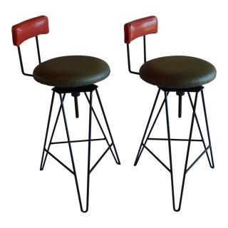 Mid Century Modern Italian Wrought Iron Adjustable Height Bar Stools Arthur Umanoff Style- a Pair For Sale