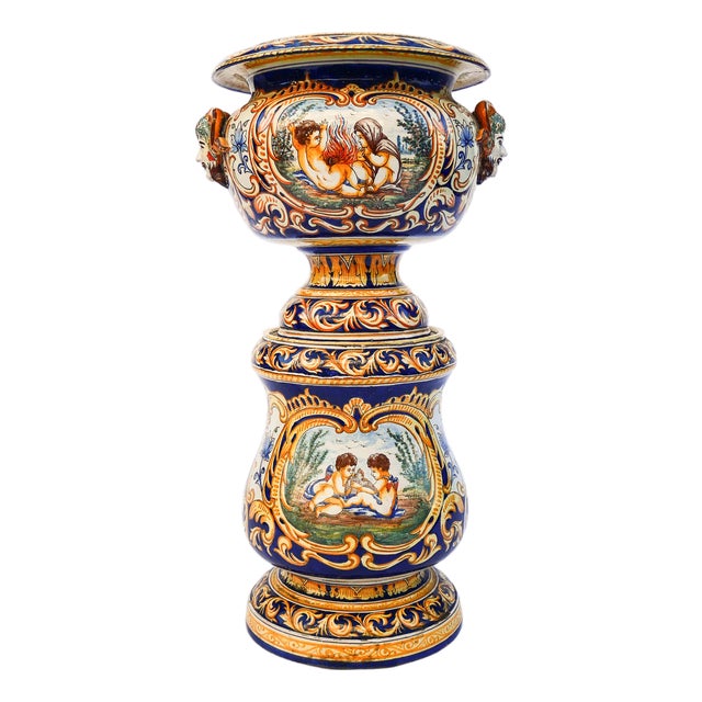 Polychrome Earthenware Basin and Pedestal by Antoine Montagnon for Nevers For Sale