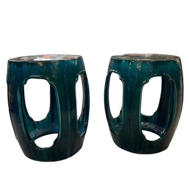 Imbued with timeless elegance and vibrant charm, this exquisite pair of vintage ceramic garden seats from Italy showcases...