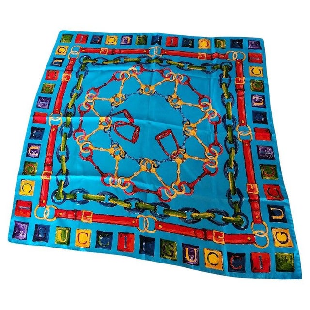 Blue 1990s Gucci Italian Silk Scarf Equestrian Blue For Sale - Image 8 of 9