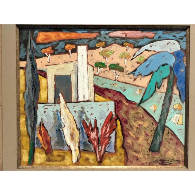 Vibrant and poetic Surrealist Southwestern landscape by Texas artist Jacques Lamy, titled, "La Casita". Acrylic on canvas....