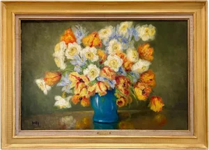 Marie-Madeleine de Rasky, Tulips in a Vase, Oil on Canvas, Framed