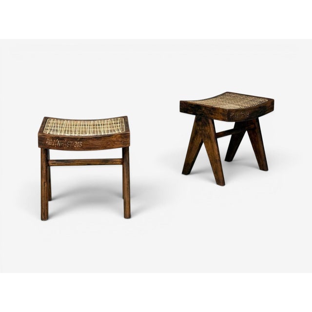 Pierre Jeanneret, French Mid-Century Modern, Compass Leg Low Footstools, Teak, Cane, Chandigarh, India c. 1960s Rare pair...