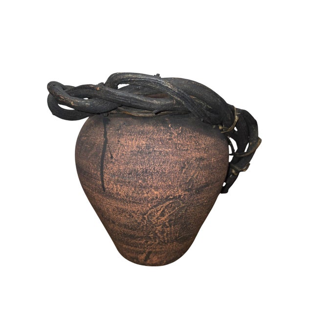 Mid 20th Century Handmade Rustic Clay Vase W/ Woven Vine Basket | Primitive Boho Decor | Unique For Sale - Image 14 of 15