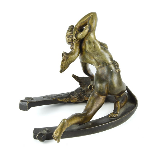 Figurative Early 20th Century Art Nouveau Bronze Sculpture of a Nude Mythological Young Woman on a Horseshoe 'Fortuna' by Charles Tabora, France For Sale - Image 3 of 9