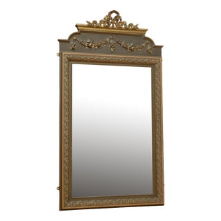 Belle Époque French Gilded and Olive Green Wall Mirror with Ribbon Crest, 1900s For Sale