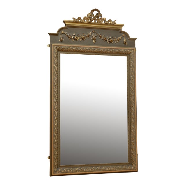 Belle Époque French Gilded and Olive Green Wall Mirror with Ribbon Crest, 1900s For Sale