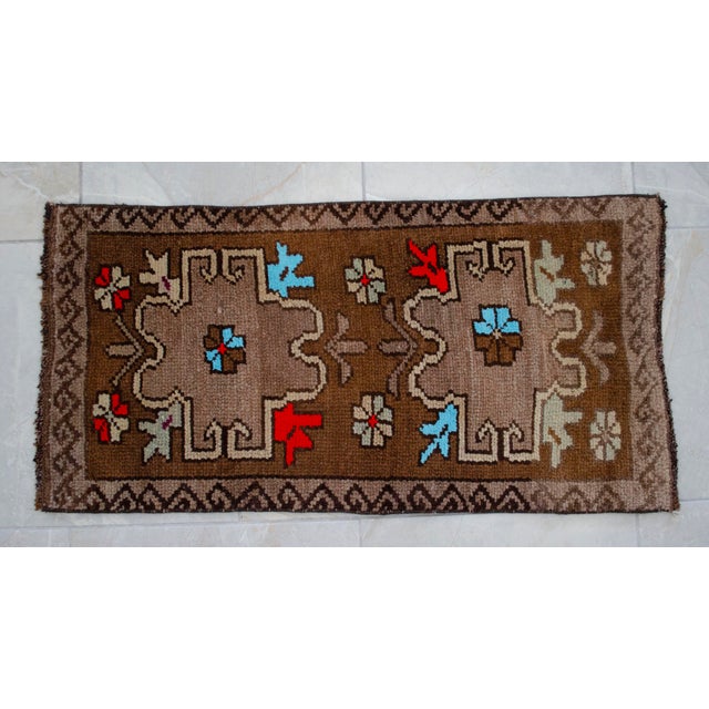 Distressed Low Pile Turkish Yastik Petite Rug Hand Knotted Faded Mat - 17'' X 34'' For Sale - Image 14 of 14