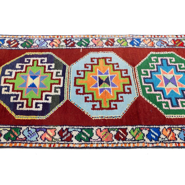 Vintage Turkish Hand-Knotted Wool Runner With Colorful Octagonal Medallions For Sale - Image 9 of 10