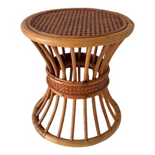 Mid-Century Bohemian Bamboo Rattan and Cane Drum Low Stool or Side Table For Sale