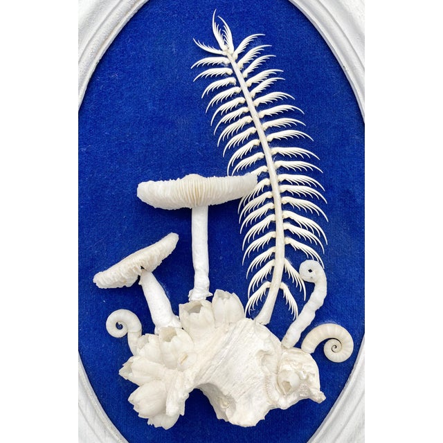 Vintage Framed Shell Art White Mushroom Motif With Blue Background Signed by Artist Chairish