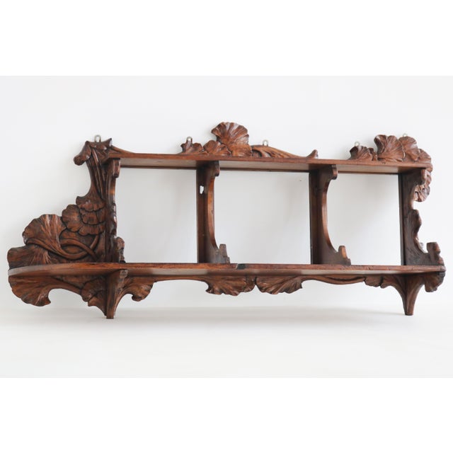 Antique Art Nouveau Ginko Wall Shelf in Walnut, France, 1900 For Sale - Image 3 of 16