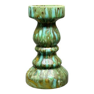 Vintage 1970s West German Pottery Green Drip Glaze Sculptural Candlestick For Sale