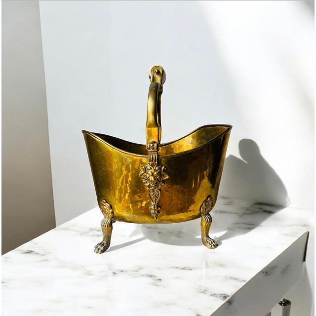Victorian Vintage Brass Bucket With Ceramic Handle Lion Head Claw Feet For Sale - Image 3 of 16