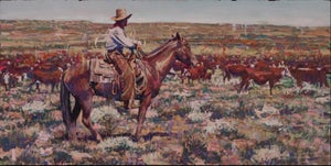 The Day Herder by Jeff Slemons | Gouache On Watercolor Paper Cowboy herding cattle on horseback.