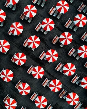 Red Beach Umbrellas, Massa, Italy' Contemporary Archival Black and White Photograph Print From the Original Negative by Mike Andrews - 20x16