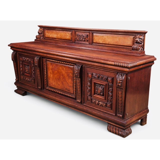 Wood Mid 20th Century Monumental Carved Baroque Style Credenza With Figured Wood Panels — 102″ Wide For Sale - Image 7 of 12