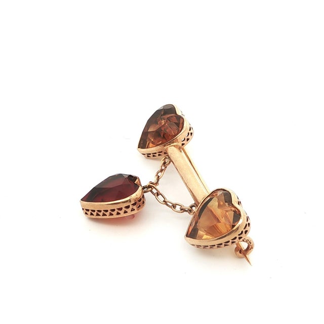 Orange 1920 Art Deco Austrian 14k Yellow Gold Citrine Heart Bar Pin/Brooch For Sale - Image 8 of 10