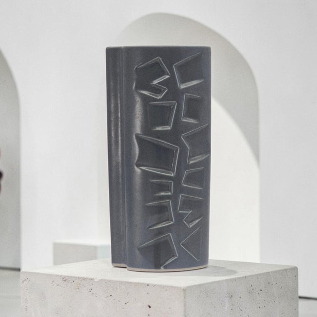 Mid-Century Modern Mid-Century Modern Brutalist Ceramic Vase Geometric Relief 11.75" For Sale - Image 3 of 12