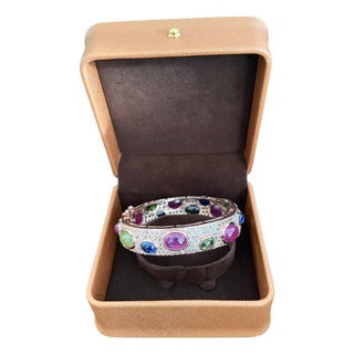Bochic "Capri" Ruby & Multi Color Gem & Sapphire Bangle Set In 18K Gold & Silver For Sale