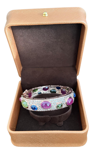 Bochic "Capri" Ruby & Multi Color Gem & Sapphire Bangle Set In 18K Gold & Silver