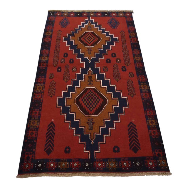 Baloch Rug 3’10” X 6’5” Red Wool Vintage Tribal Hand-Knotted Oriental Carpet For Sale