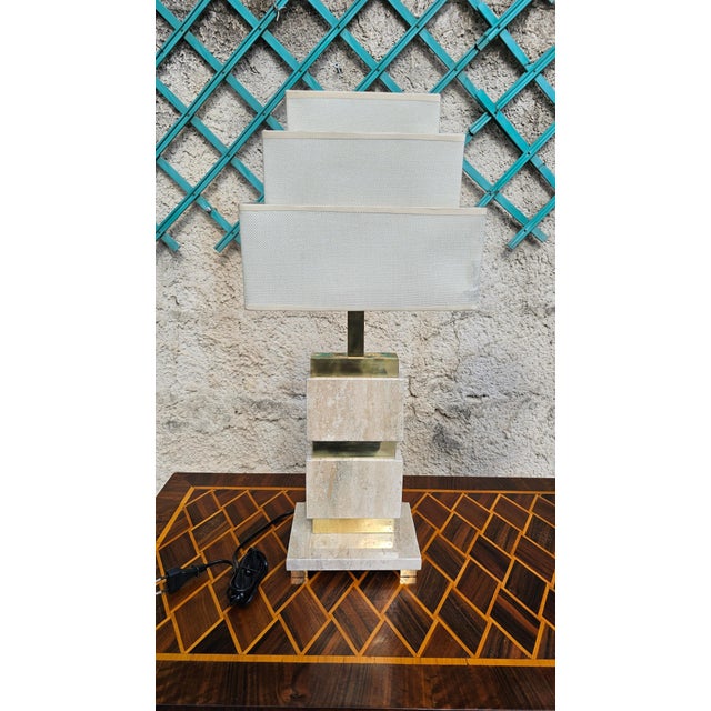 Mid-Century Modern Lamps in Travertine and Brass, Set of 2 For Sale - Image 4 of 13