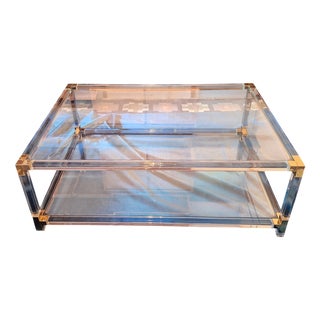 Large Italian 2-Level Coffee Table in Acrylic, Glass and Gilt Brass, 1980 For Sale
